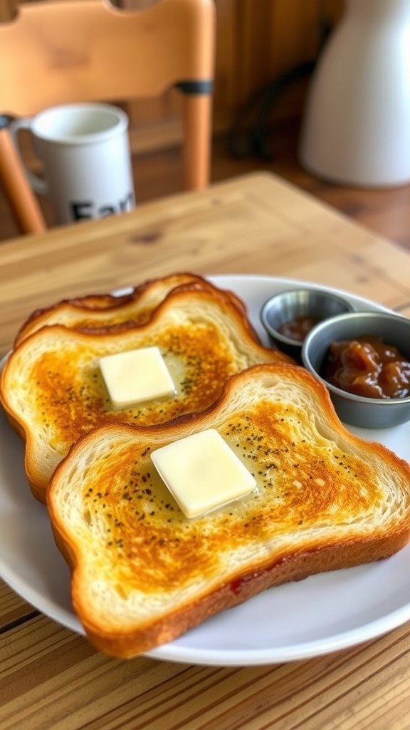 Golden brown air fryer toast with butter and jam on a rustic table.